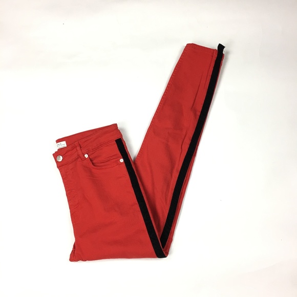 New Womens Red /& White Stripe Slim Skinny Stretch Trousers